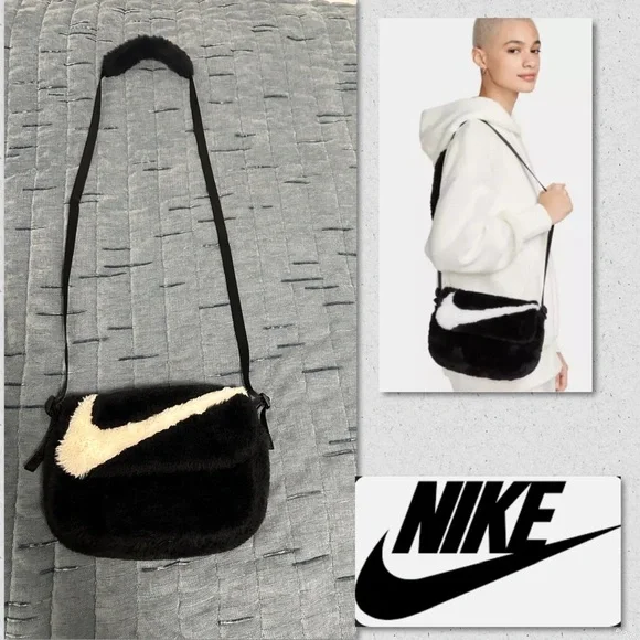 Nike Black and Cream Faux Fur Shoulder Bag - Picture 1 of 12
